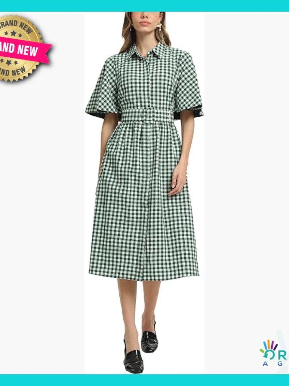Plaid Shirt Dress Cape Sleeves V Neck Casual Belt Midi Dress with Pocket